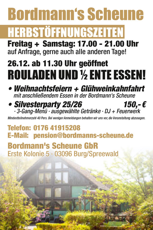 Herbstöffnungszeiten und Silvesterparty-Angebot